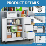 Secure Lateral File Cabinet with Gooseneck Handle, 3 Drawer Mobile Storage Cabinet on Wheels