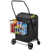 Shopping Cart, Folding Grocery Utility Cart with Dual Baskets, Waterproof Liner amp Wheels