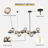 10-Light Matte Black Adjustable Chandelier with Smoked Glass Globe Shades Mid