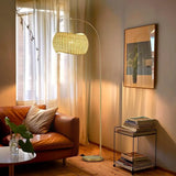 Chic Standing Lamp with Hanging Wicker Pendant Shade for Living Room, Boho Rattan Natural Decor, Arcs Over Sofa