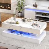 Modern Stylish Coffee Table w/ LED lights, Double-Layer Design for Living Room