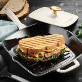 11-inch Enameled Cast Iron Grill Pan with Press Latte with Gold Knob Ideal for Grilling and Cooking Durable Non-Stick Surface