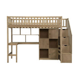Twin Loft Bed Solid Wood L-Shaped Desk Storage Stairs LED Lights Shelves