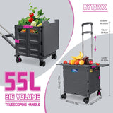 55L Foldable Utility Cart Folding Shopping Cart with Magnetic Lid Telescopic Handle Wear-Resistant 360°Wheel