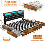 King Bed Frame, King Size Bed Frame Built in Charging Station & LED