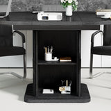Extendable Black Round Conference Table 43-59in Storage Fluted Wood Slide Doors Office