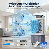 Portable evaporative air cooler for garage use, plastic housing, gray color