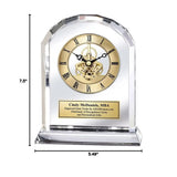 Diamond Cut Arch Clear Crystal Engraved Gold Gear Luxury Desk Clock