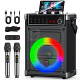 JYX Karaoke Machine with 2 UHF Wireless Microphones, Bluetooth Speaker with Bass/Treble/Echo Adjustment & LED Light