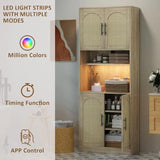 71 Tall Pantry Cabinet with Countertop Kitchen Cabinets with LED Light Strip Microwave Shelf