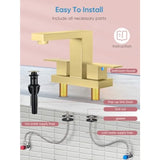 Bathroom Faucets for Sink 3 Hole Brushed Bathroom Sink Faucet Square with Pop-Up Drain 2 Handle and 2 Supply Hoses Lead-Free St
