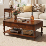 Vintage Solid Wood Coffee Table with 2 Drawers & Storage Shelf
