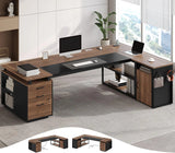 78" Executive Desk with Lockable File Cabinet, L Shaped Office Desk with Power Outlets