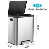Dual Trash Can, Stainless Steel 2 x 4 Gal (2 x 15L) Garbage Can, Steel Pedal Recycle Bin with Lid and Inner