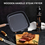 Cast Iron Skillet Steak Pan with Wooden Handle Uncoated Non-stick Frying Pan