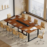 10-Person Industrial Style Metal Conference Table with Power Outlets and Cable