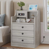 Nightstand Set 2, Grey Side Table with Charging Station, 3 Drawers, Modern