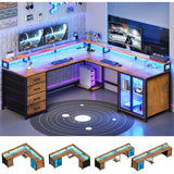 L Shaped Gaming Desk with 4 Drawers, Computer Desk with Display Cabinet