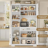 Tall Farmhouse-Style Kitchen Pantry Cabinet with Microwave Stand and Barn Door Design