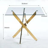 36 Inch Square Tempered Glass Dining Table with Gold Legs for Small Spaces Kitchen