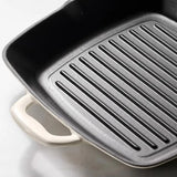 11-inch Enameled Cast Iron Grill Pan with Press Latte with Gold Knob Ideal for Grilling and Cooking Durable Non-Stick Surface
