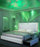 Queen Platform Bed Frame w/LED Lights, Wingback Headboard, USB Ports