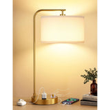 Gold Table Lamp With USB Port And Outlet With Linen Lampshade For Home