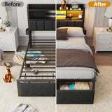 Full Upholstered Storage Bed Frame with LED Lights Charging Station