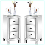 3-Drawer Mirrored Nightstand Set of 2, Glass End Table for Bedroom, Silver