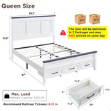 Farmhouse Queen Size Bed Frame with 52" Tall Headboard, Wood Platform