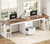 Farmhouse Style 96.5 Inch Double Computer Desk 2 Person with Drawers Storage Shelves