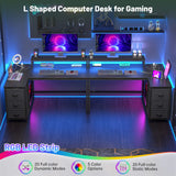 EnHomee L Shaped Computer Desk with LED Lights & Power Outlet Reversible Corner Desk with 3 Drawers & Monitor Stand Gaming Desk