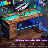 55 Inch Computer Desk Gaming with 4 Fabric Drawers Power Outlets and LED Lights for Home Office