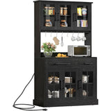 Black Tall Kitchen Pantry Cabinet with Microwave Stand, Storage Hutch, and Acrylic Doors
