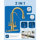 Gold Kitchen Faucet with Drinking Purified Water Tap High Arc 3-in-1 Stainless Steel Sink Faucet for 1 Hole