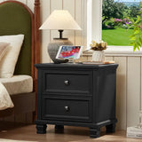 Rustic Pair of Nightstands w/ Drawers and Charging Station for Small Bedroom, Black