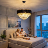 Modern Black & Gold Crystal Chandelier, Dimmable 5-Tier Round K9 Crystal Chandelier