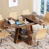 43-59in Extendable Round Conference Table for 4-8, Oval Wooden Meeting Table with Storage Shelf