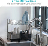 2-Tier Stainless Steel Dish Drying Rack with Drain Pipe & Utensil Holders
