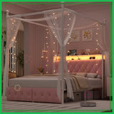 Full Size LED Canopy Bed Frame with Storage & Charging Station