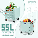 55L Foldable Utility Cart Folding Shopping Cart with Magnetic Lid Telescopic Handle Wear-Resistant