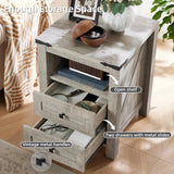 Nightstands Set of 2 with Charging Station, Farmhouse End Table 2 Drawers Shelf, Wood Side Cabinet for Bedroom