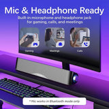 Bluetooth Stereo Sound Bar with 3.5mm Aux, USB/USB-C Power, Mic, and Headphone Jack for PC, Laptop