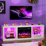 70-inch Electric Fireplace TV Stand for 80'' TV in Living Room, White Color, with Adjustable Glass Shelves and Remote Control