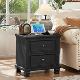 Rustic Pair of Nightstands w/ Drawers and Charging Station for Small Bedroom, Black