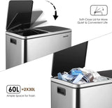 Brushed Stainless Steel 60L/16Gallon Rectangular Hands-Free Dual Compartment Recycling Kitchen Step Trash Can w/ Soft-Close Lid