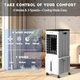 Portable evaporative air cooler for indoor use with 6 ice packs, remote, 12H