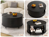 Round 31.5" Modern Coffee Table w/ 360° Curved Sliding Door,Fluted Wood