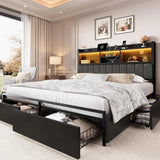 King Bed Frame with 6 Storage Drawers And Linen Upholstered Headboard
