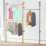 Gold 3-Tier Clothing Rack Wall Mounted Industrial Pipe Garment Rack Heavy Duty Metal Garment Frame